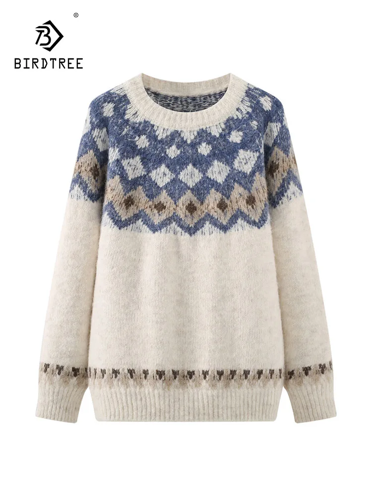 

Новый зимний свитер из смеси хлопка 2025, женский жаккардовый свитер с круглым вырезом, свободный вязаный пуловер Mori Girl Retro Fair Isle T5N526CC