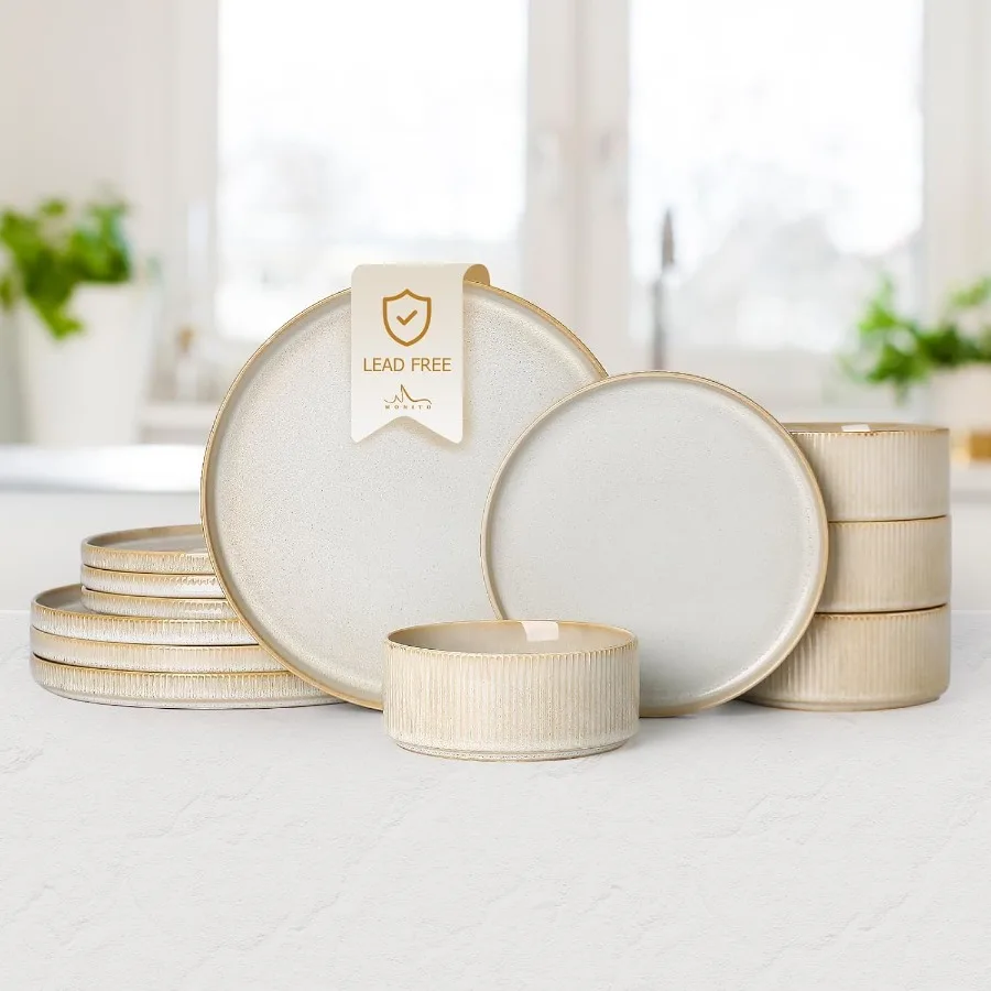 

Ceramic Dinnerware Sets for 4 12PCS Stoneware Plates and Bowls Sets with Reactive Glaze Chip and Scratch Resistant DoubleWall D