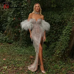 Luxury Beads Tassel Feather Mermaid Evening Dress for Women 2024 High Neck Crystal Long Formal Prom Wedding Pary Gown Customized