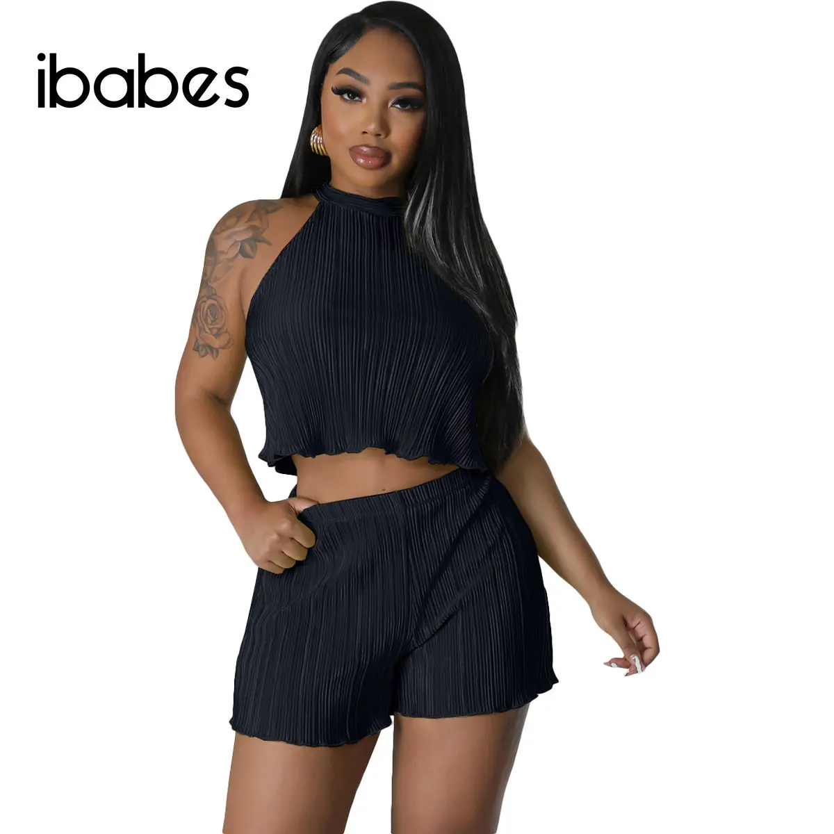 Elegant Women 2 Piece Set Pleated Sleeveless Halter Crop Top  Loose Shorts Matching Set 2023 Summer Holiday Sexy Beach Tracksuit