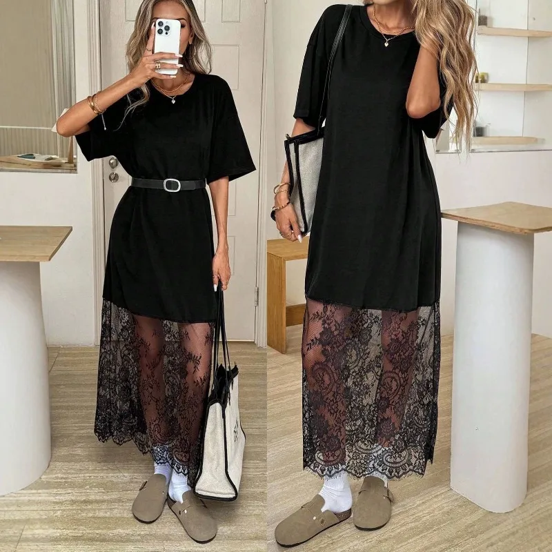 

Ticketsx Black Lace Maxi Dress Women's Fashion Lace Short Sleeve Patchwork Summer Dress Casual Loose Commuting New Women's Dress