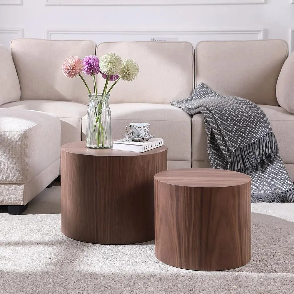 

Walnut Round Coffee Table Set for Small Spaces - Living Room and Bedroom Accent Side Table