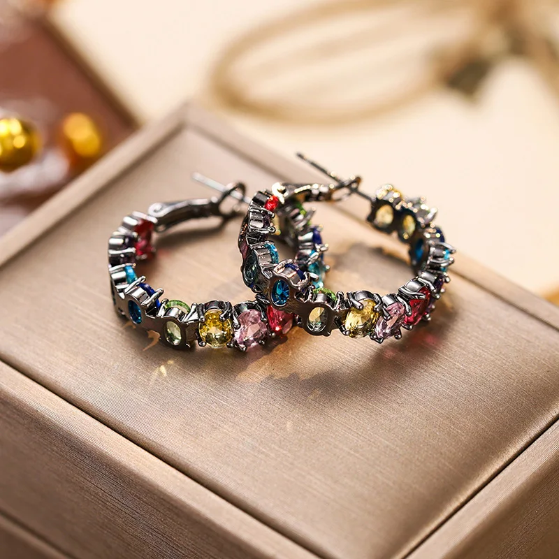 Vintage Statement Shinning Black Colorful Zirconia Stones Hoop Earrings For Women Personality 2023 New Earings Wholesale