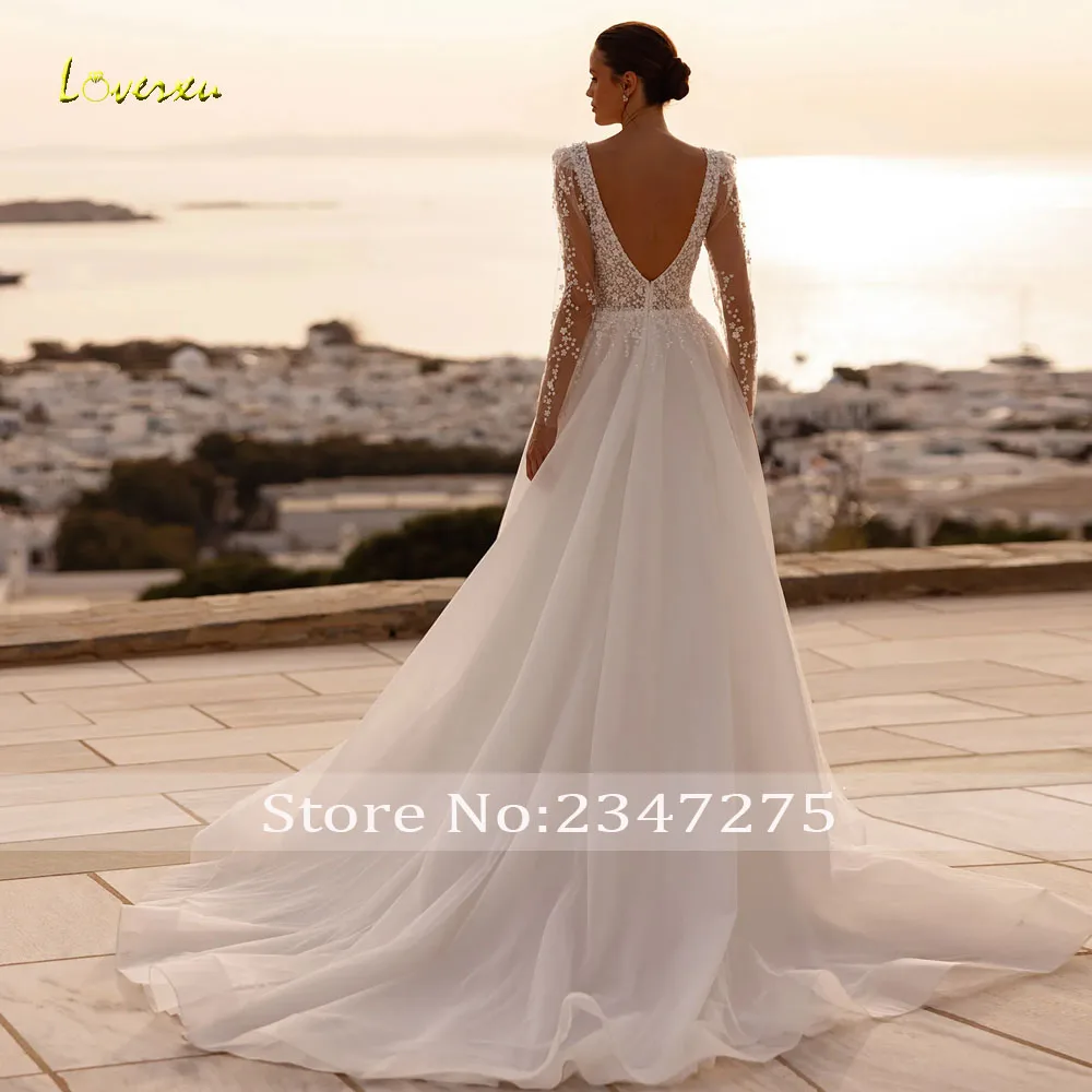 Loverxu A-Line Delicate Wedding Dresses V-Neck Long Sleeve Vestido De Novia Lace Embroidery Vintage Custom Made Bridal Gown