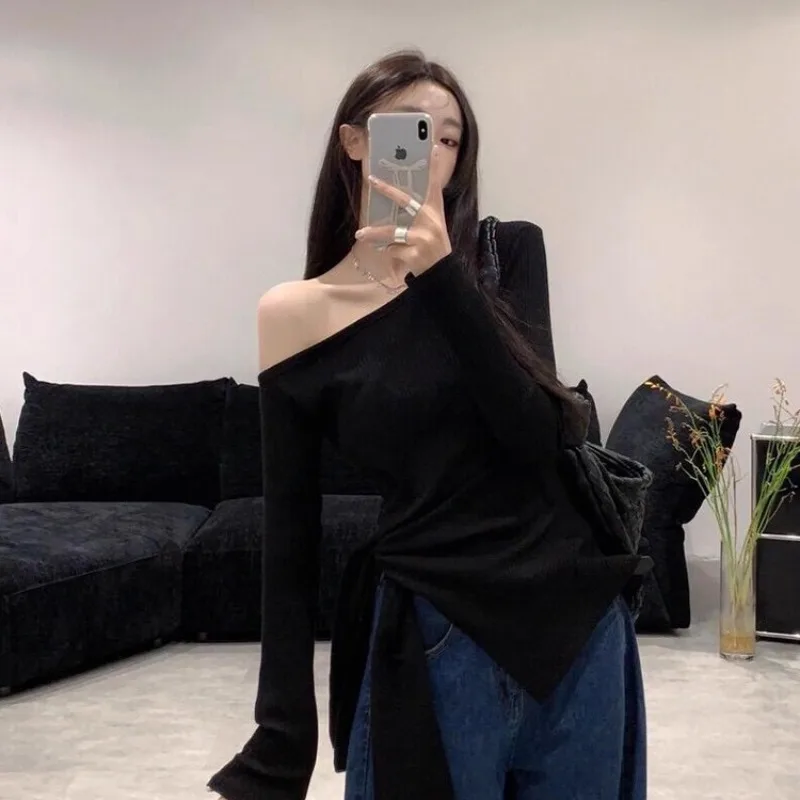 Silk Long Sleeve Knitted T-Shirt Shoulder Bared Unique Beautiful Unusual Tie Women's Casual Fashion Spring Autumn Cotton Silk