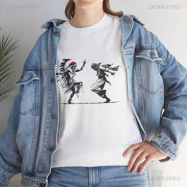 Peace-loving Indigenous Spirit and Palestinian Resistance Woman Man T-Shirt Unisex Cotton Tee Freedom Dance T-Shirts Camisetas