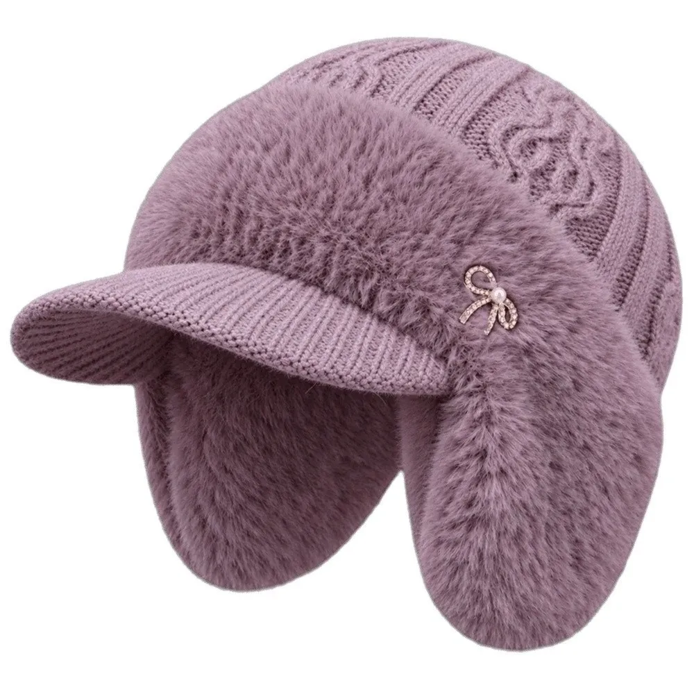 Thickened Winter Knit Hat Elastic Windproof Ear Protection Cap Ear Flaps Soft Yarn Fleece Lined Beanie Elderly Women