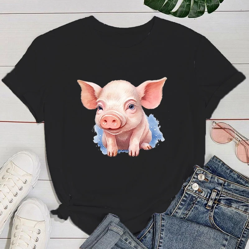 (Premium T-shirt)Pink Pig Print T Shirt Fans Summer Casual Short Sleeve Tee Cute Loose T Shirts