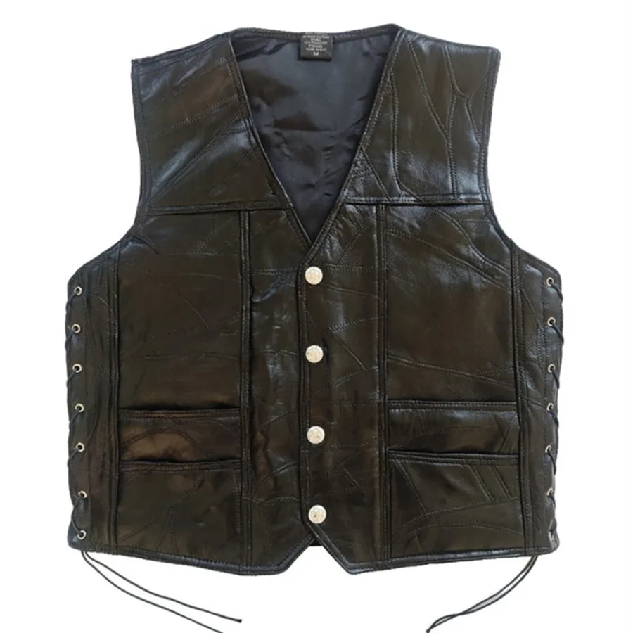 Motorcycle Lady Embroidered Men Real Leather Vests Lace-up Sleeveless Jacket Riding Biker Waistcoat Men's Punk Streetwear