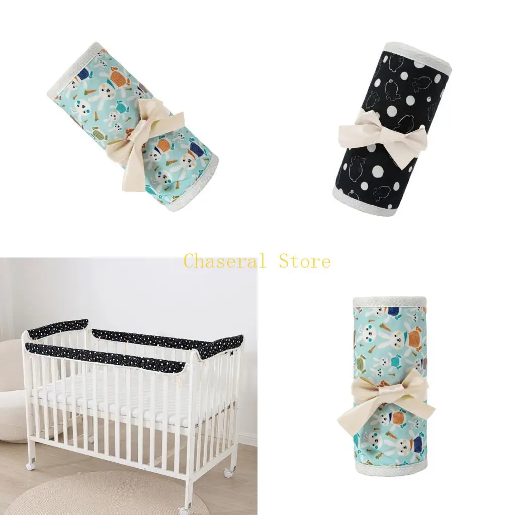 E7CE 4PCS Cotton Crib Rails Protectors Washable Breathable Fabric Infant Bed Safety Padding Nonslip Edges Protections
