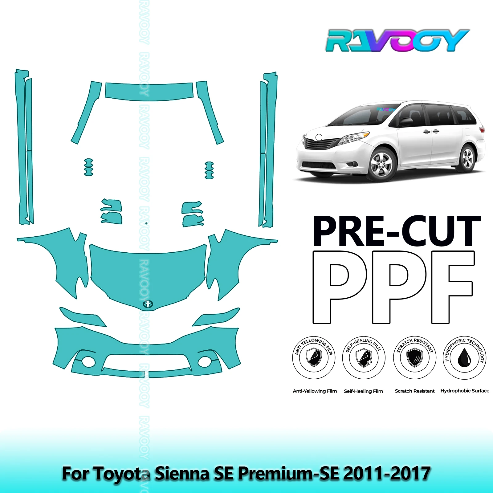

8.5Mil Precut Paint Protection Film PPF Clear Bra Front Kit+Rockers For Toyota Sienna SE Premium-SE 2011-2017