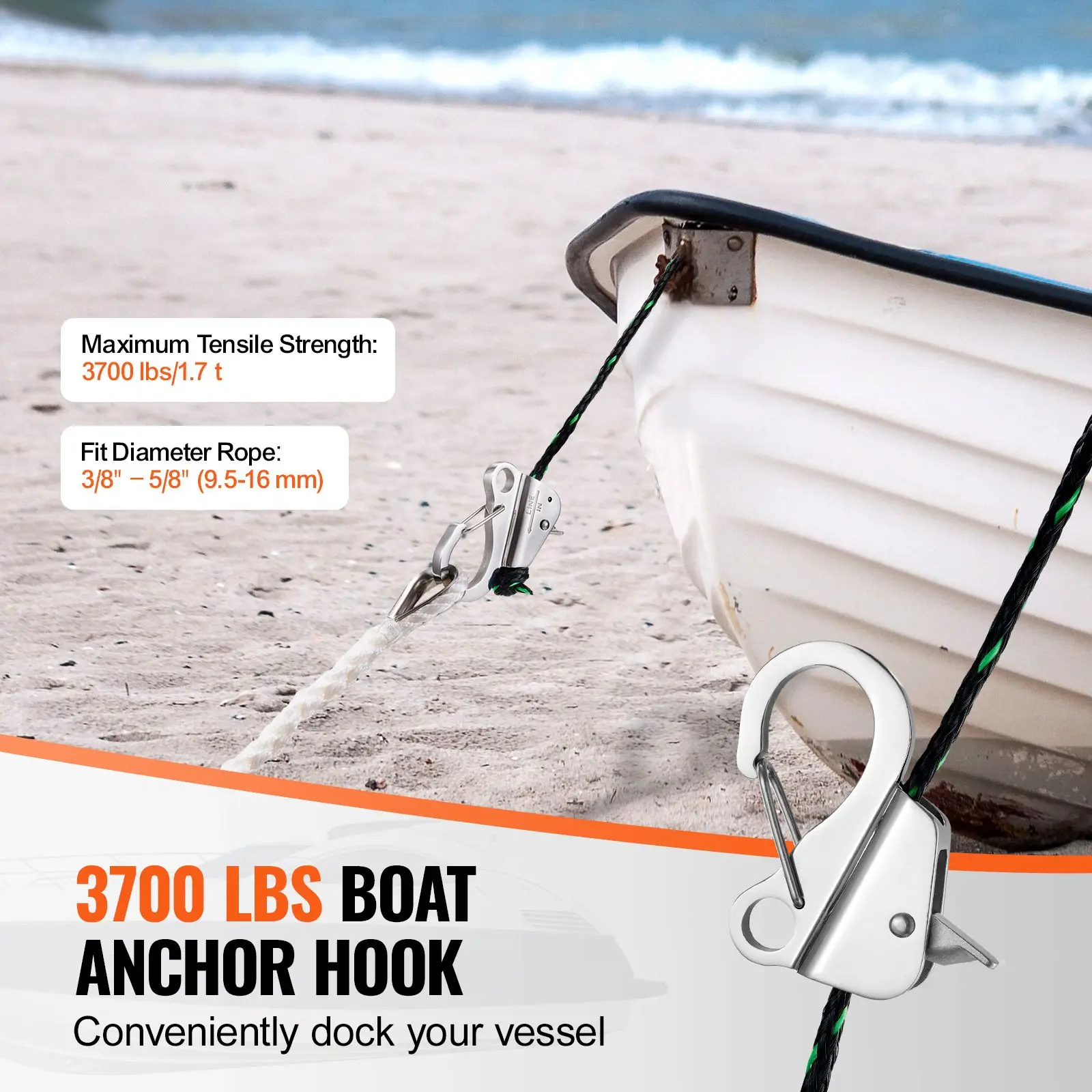 Boat Anchor Hook, 304 Stainless Steel Slide Anchor, Knotless Anchor System with Quick Release, Boat Anchor Hook Clips for 3/8