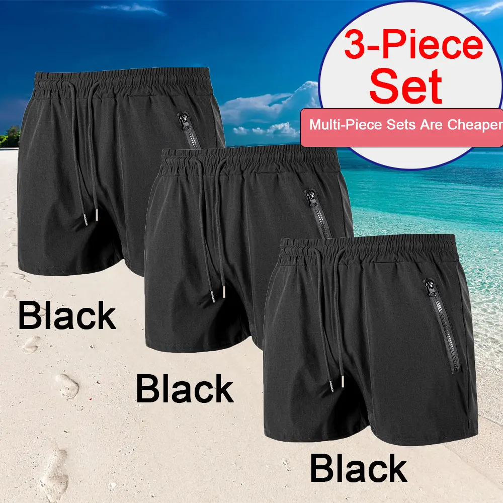 

Men's 3Piece Soild Color Swim Shorts Summer Casual Beach Board Shorts For Men Quick Dry Running Fitness Gym Shorts Zipper Pocket