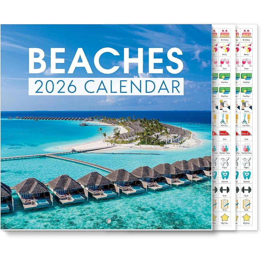 

2026 Wall Calendar 12"x24" Opened 14Month Beaches Calendar from November 2025 to December 2026 with Stirs Thick Paper Monthly C