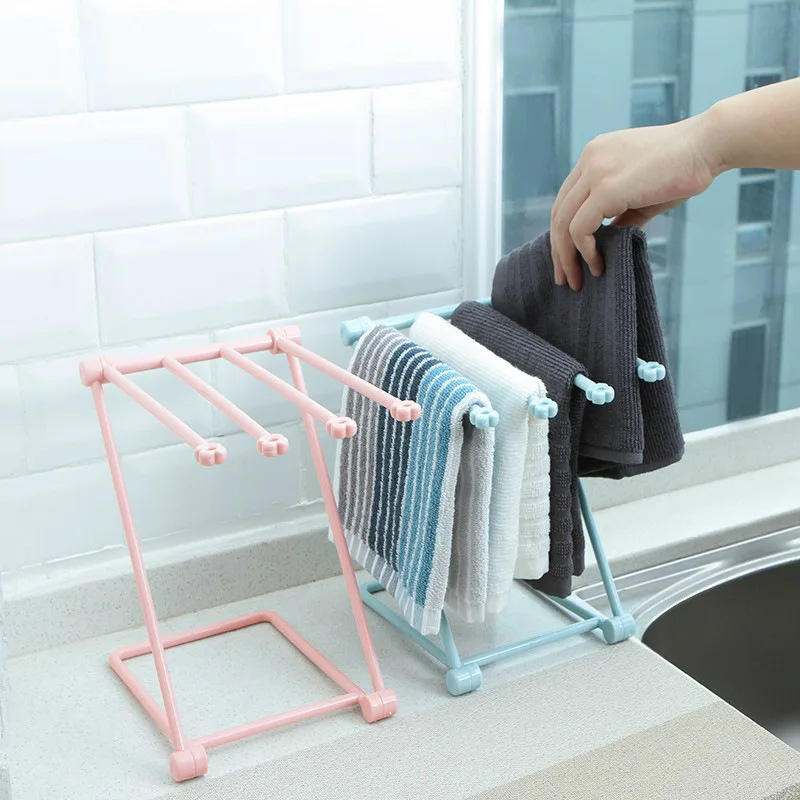 Foldable Vertical Rag Storage Rack Towel Drying Rod Punch-free Countertop Water Cup Shelf Sponge Drainer Kitchen Storage Tools