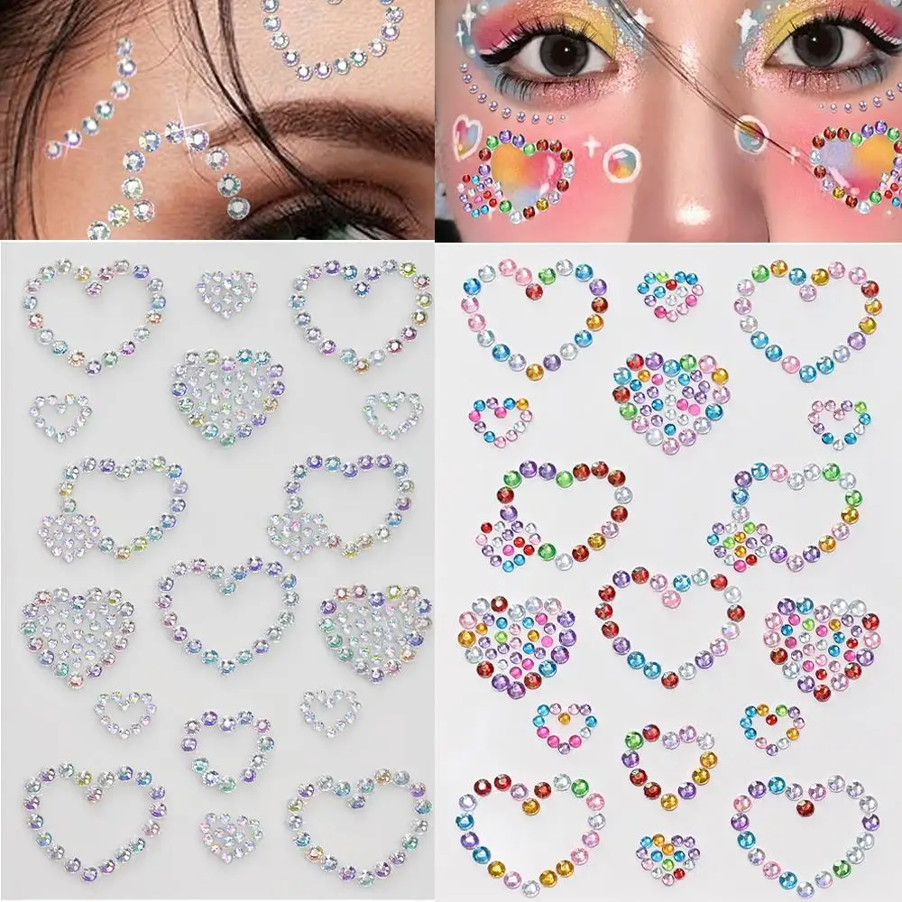 

2Sheets Colorful Love-Heart Gems Face Tattoo Stickers Bling Heart Rhinestone Tattoos for Y2K Girls DIY Body Makeup Decorations n