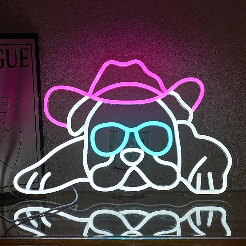 

XM Cowboy Bulldog Neon Wearing Glasses Neon Pink Cowboy Hat Bedroom Decoration Finch Bulldog Accessories Decoration