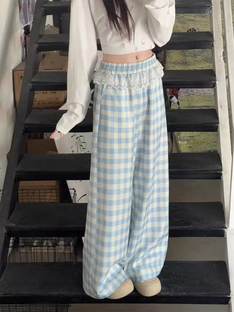 Koronkowe łączenie niebieska krata luźne spodnie z prostymi nogawkami damskie szerokie nogawki wiosna jesień 2025 nowe spodnie z wysokim stanem