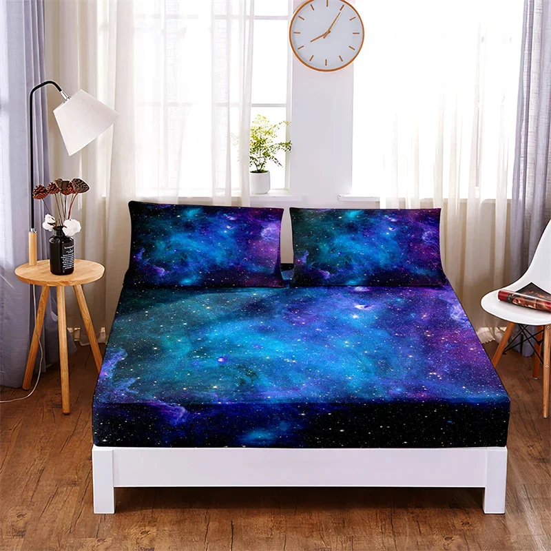 

Starry Universe Digital Printed 3pc Polyester Fitted Sheet Mattress Cover Four Corners with Elastic Band Bed Sheet Pillowcases