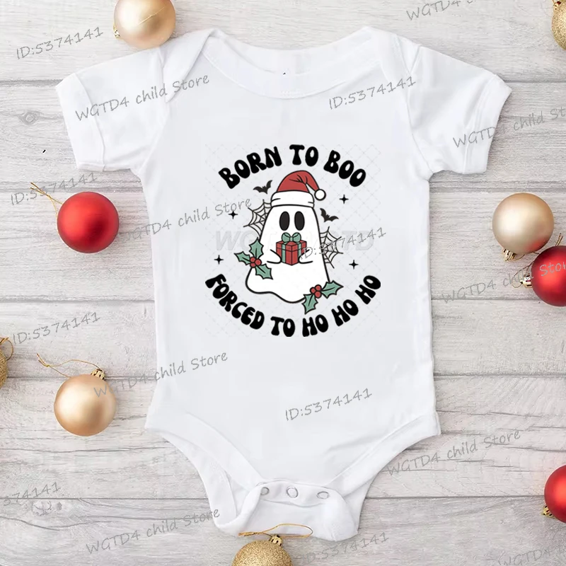

Born To Boo Forced To Ho Ho Ho Baby Onesie Merry Christmas Cute Ghost Print Girl Boy Bodysuits Xmas Holidays Cotton Baby Romper