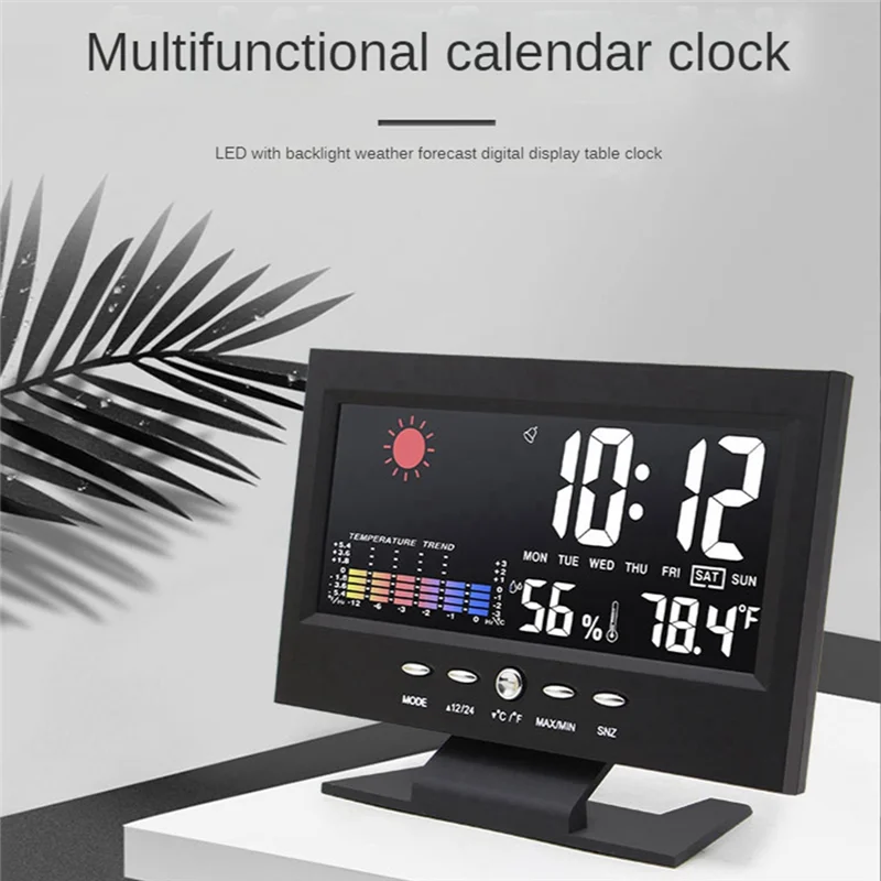 1Set Lcd شاشة ملونة غفوة الرقمية ساعة تنبيه درجة الحرارة الرطوبة الوقت تاريخ عرض ساعة المنزل الأسود-ELEC