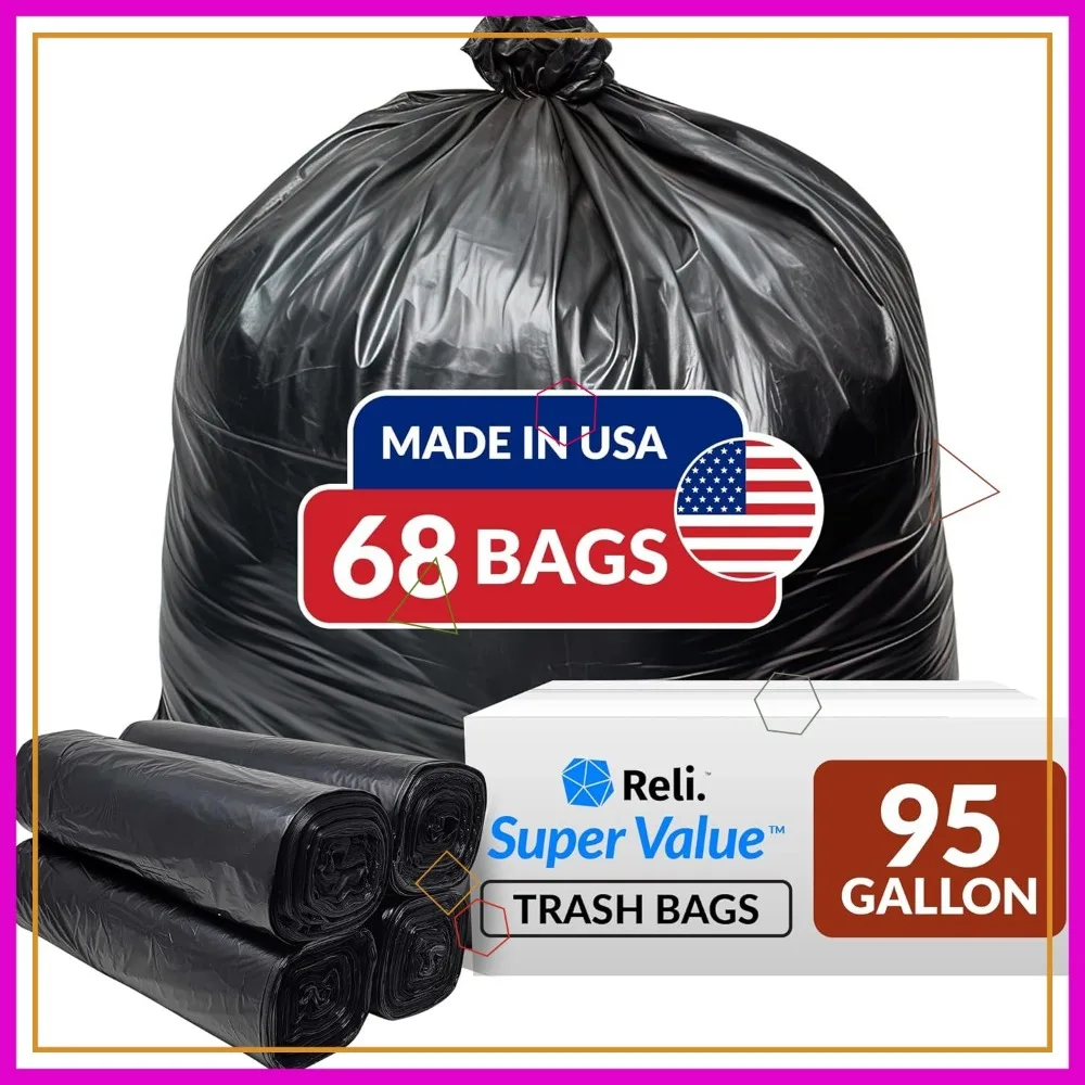

95 Gallon Heavy Duty Trash Bags, 68 Count Black Garbage Bags for Serious Cleanup and Large Waste