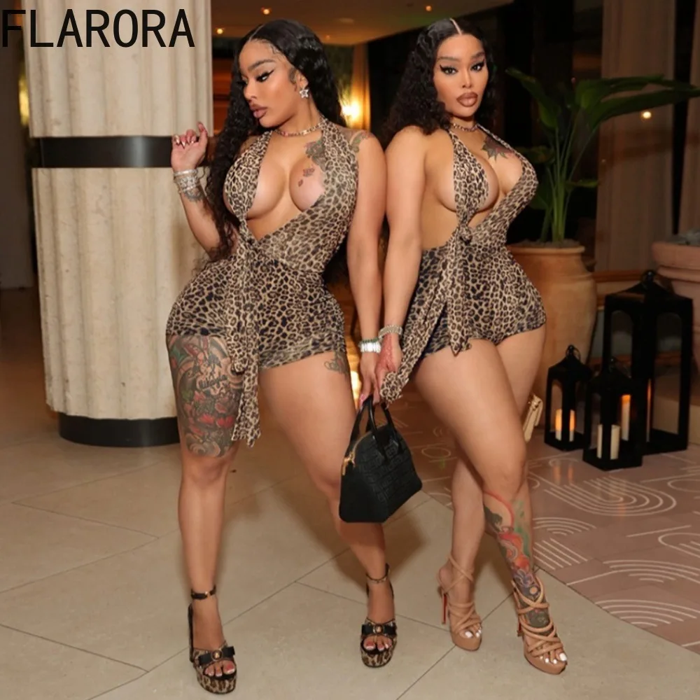 

FLARORA Wild Style Leopard Print Rompers Woman Sexy Halter Backless Ruched Bandages Knot Sleeveless Hottie Street Party Clubwear