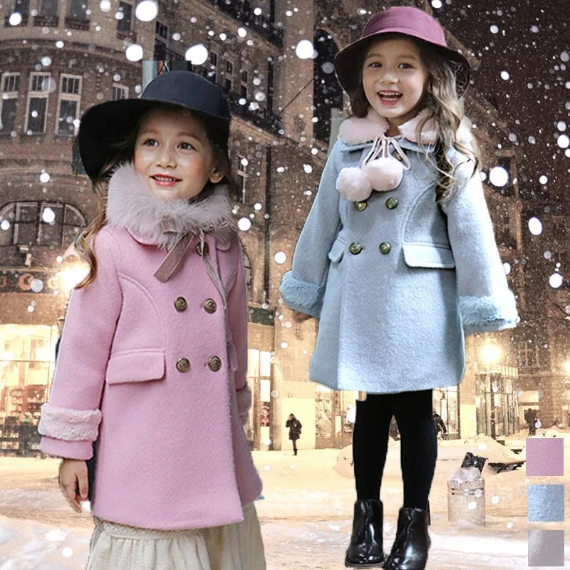 

Girls' Winter Thick Cotton Double Breasted Fur Collar Coat