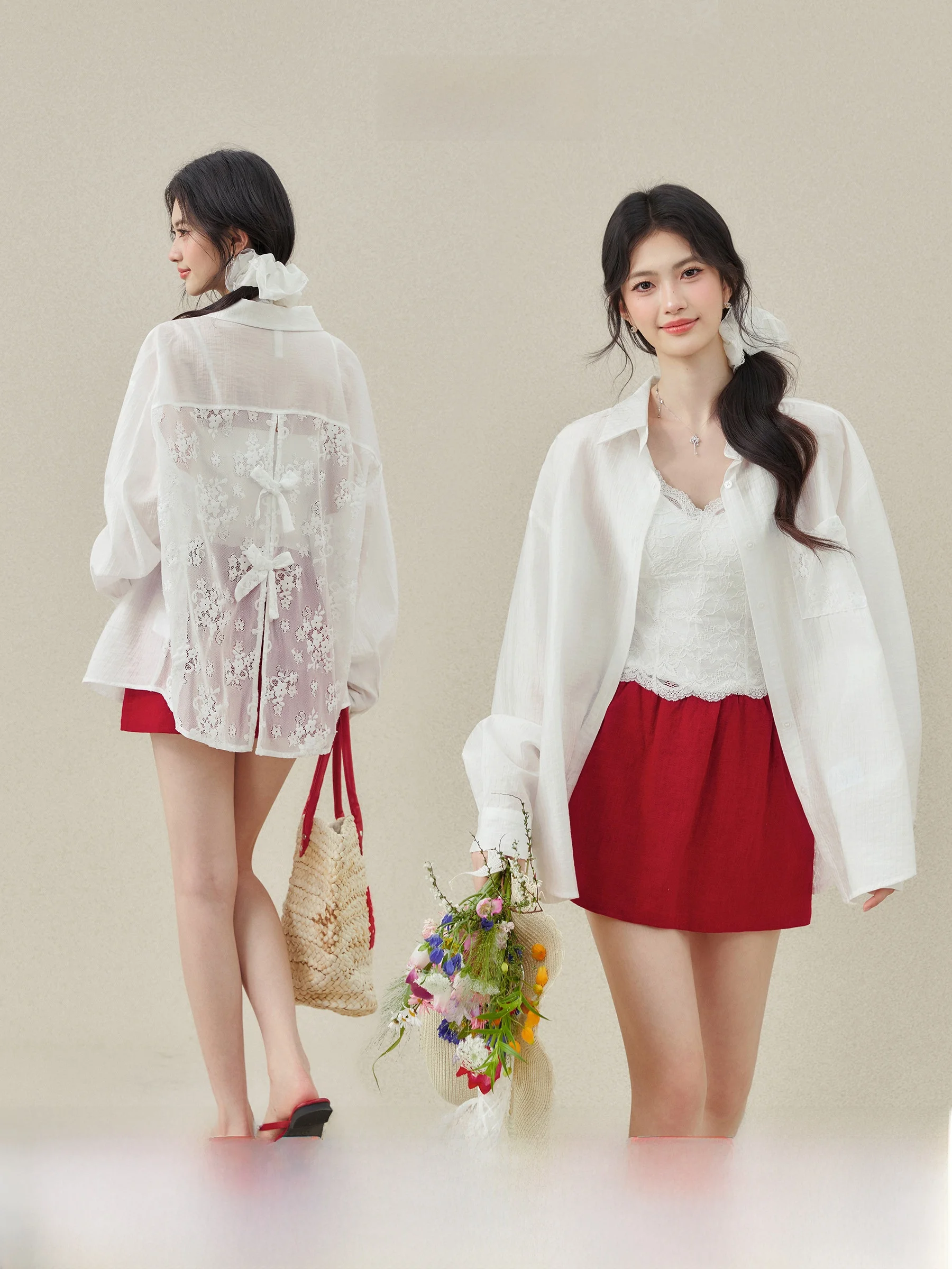 

Sun Protection Hollow out Lace Trim White Shirt Women's Turn down Collar Summer Fashion Commute Style Loose Fit Long Sleeve
