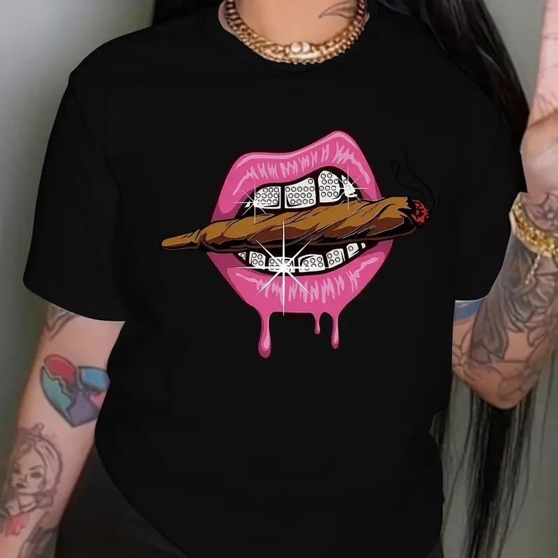 Z nadrukiem ust koszulka na co dzień z krótkim rękawem Top z okrągłym wycięciem na szyi na letnie ubrania damskie odzież codzienna letnie sportowe T Shirt kobiet