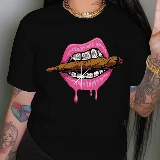 Z nadrukiem ust koszulka na co dzień z krótkim rękawem Top z okrągłym wycięciem na szyi na letnie ubrania damskie odzież codzienna letnie sportowe T Shirt kobiet