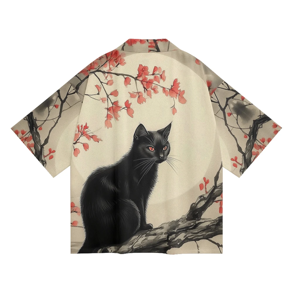 Classic Fashion Simple Kimono Shirt Men's Cherry Blossom Kitten Anime Print Clothing Half-sleeve Sports Quick-drying Tops