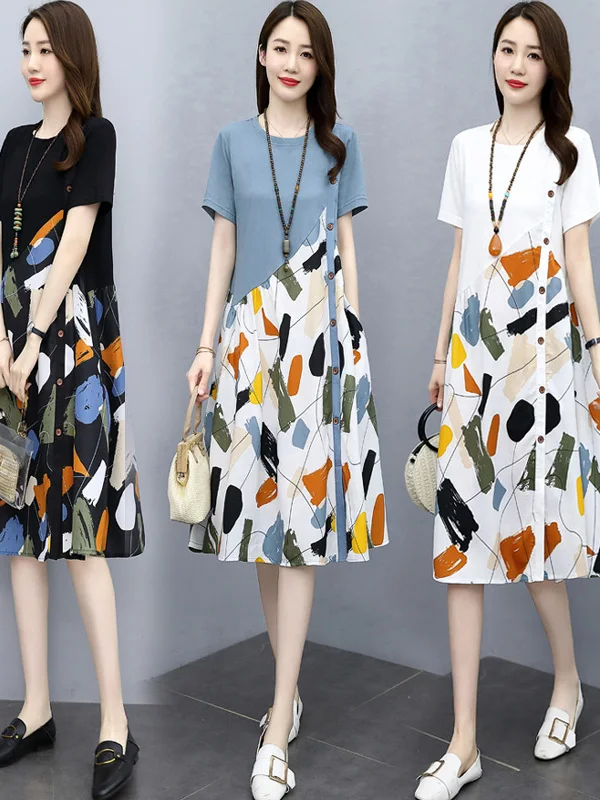 

Summer Thin Splice Slimming Dress Loose plus Size Short Sleeve Outerwear A-Line Skirt for Middle-Aged And Elderly Women