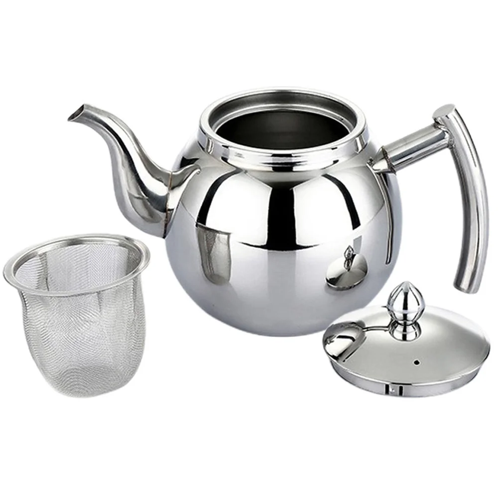 

Small Stainless Steel Tea Pot Curved Spout Lightweight Portable Tea Kettle with Handle Strainer for Home Office Travel Modern