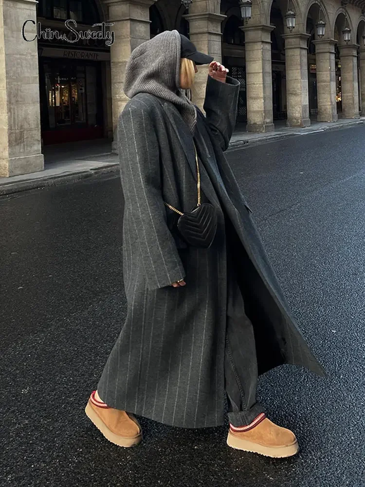 Elegant Lapel Striped Oversize Overcoat Women Casual Full Sleeve Long Coat Autumn Winter Lady Commuting High Street Outerwear