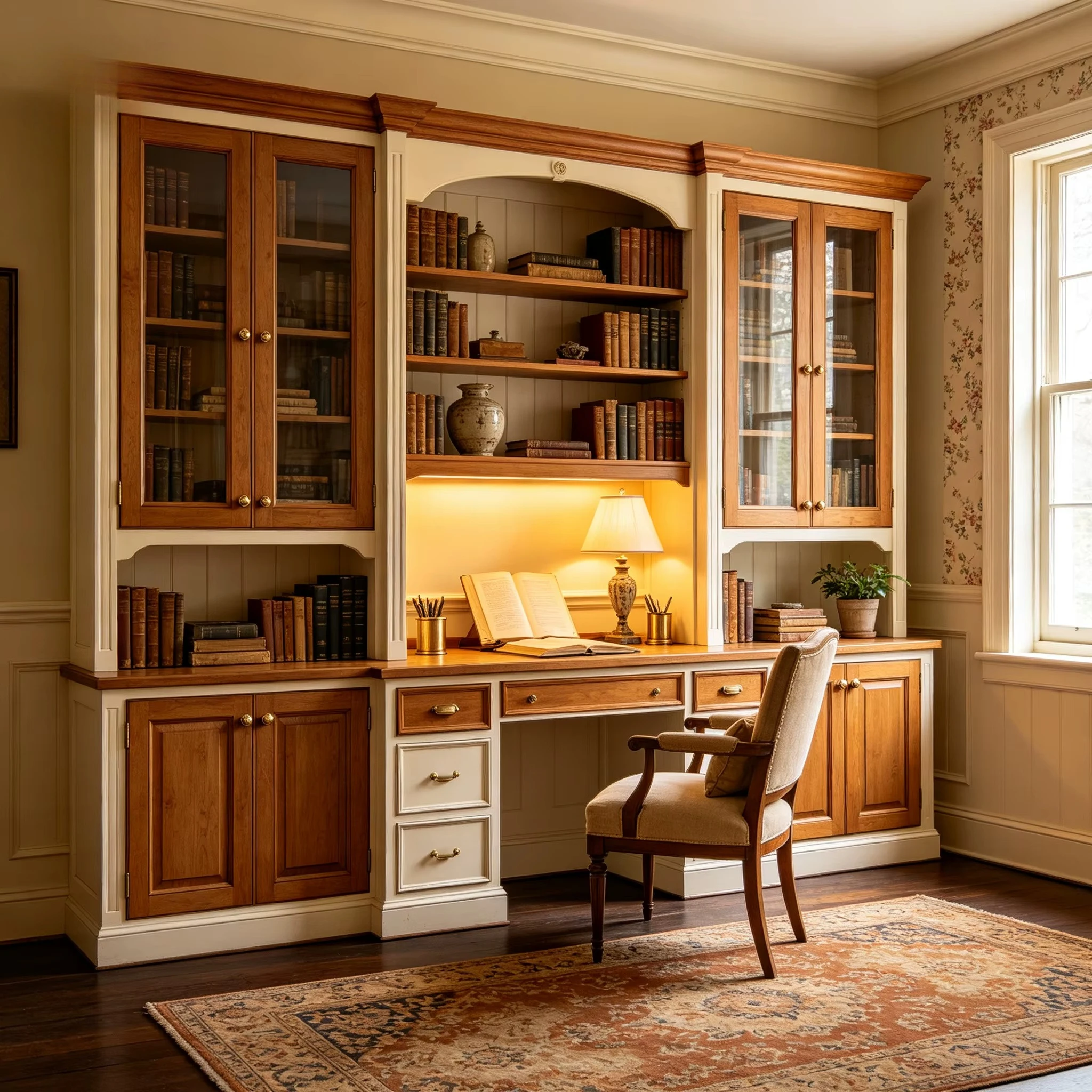 Modern Classic Library Cabinetry Bespoke Bookshelf with Desk Mahogany Toned Wood Grain Custom Luxury Study Set