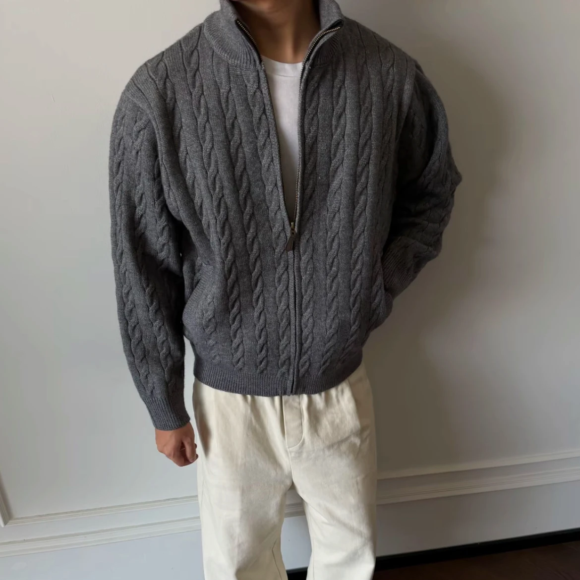

Cleanfit Short Version Knitted Cardigan Sweater Men's Loose Fit Zipper Closure Warm And Comfortable Nylong Blend Stand Collar...