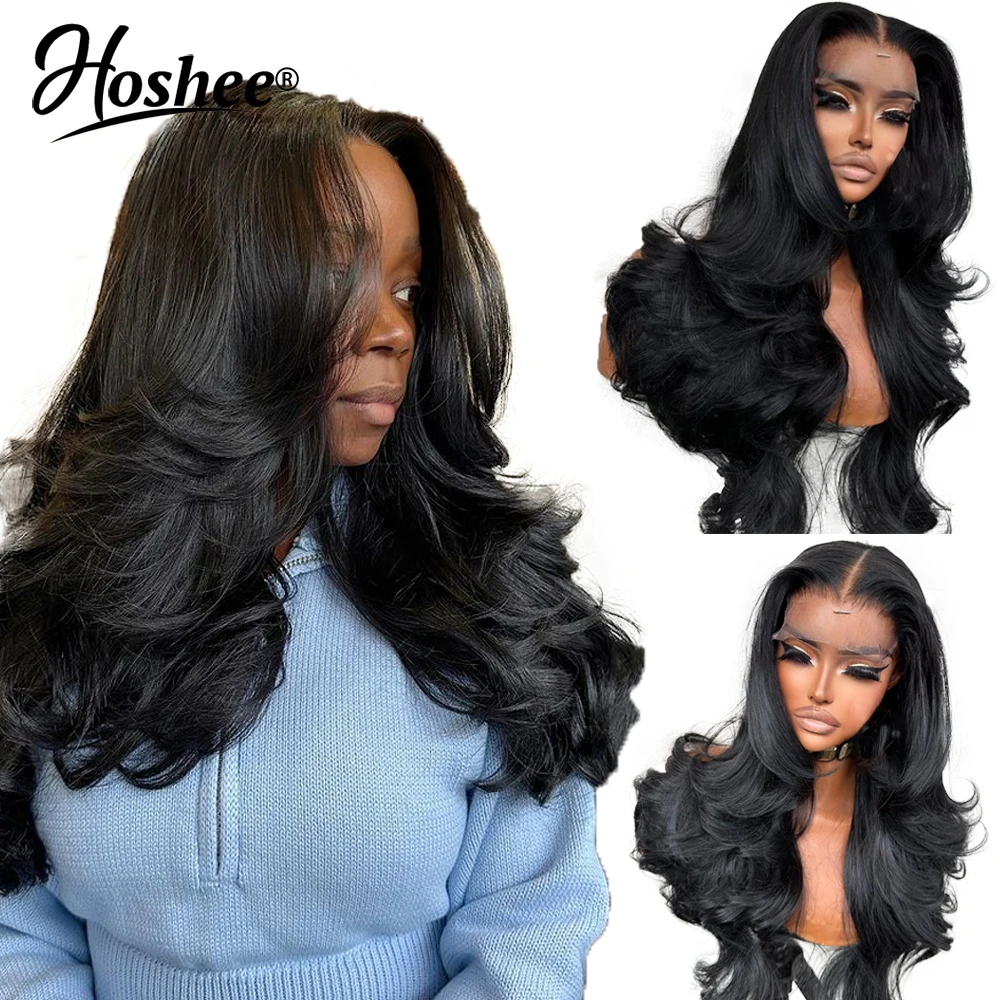 

Body Wave 13x4 Lace Front Human Hair Wigs For Women Layered Curtain Bangs Wig Human Hair 4x4 Lace Closure Wig For Women 250%