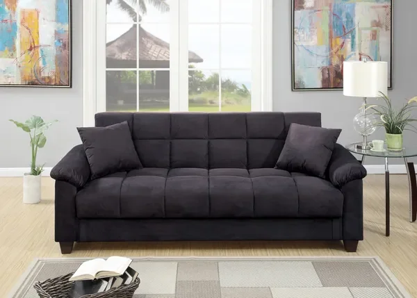 

Contemporary Living Room Adjustable Sofa Ebony Microfiber Couch Plush Storage Couch 1pc Futon Sofa w Pillows
