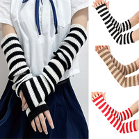 Winter Warm Knitted Long Gloves Y2K Stripe Fingerless Mittens Women Knitting Elbow Mittens Outdoor Arm Warmers Punk Gloves
