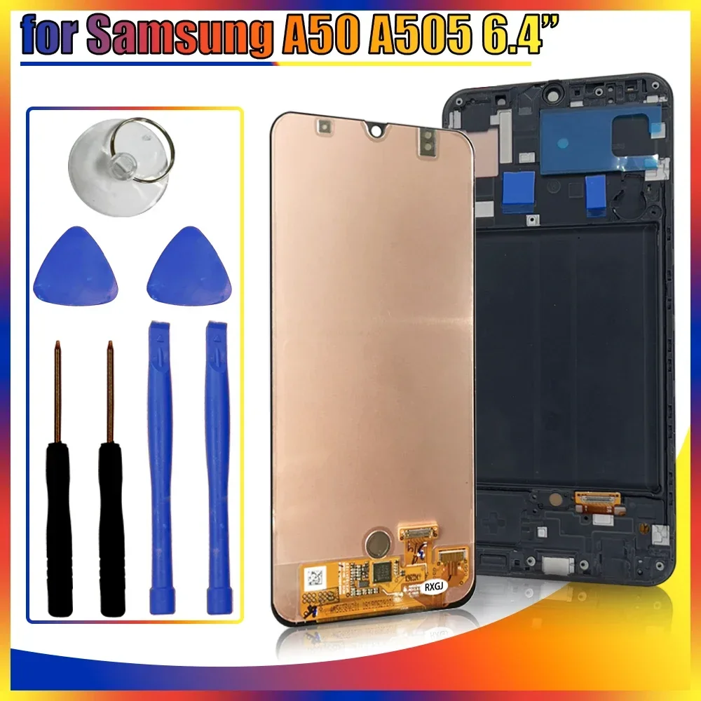 Super AMOLED layar sentuh LCD Samsung Galaxy A50 A505F, layar sentuh pengganti Digitizer untuk Samsung A50 A505F SM-A505F