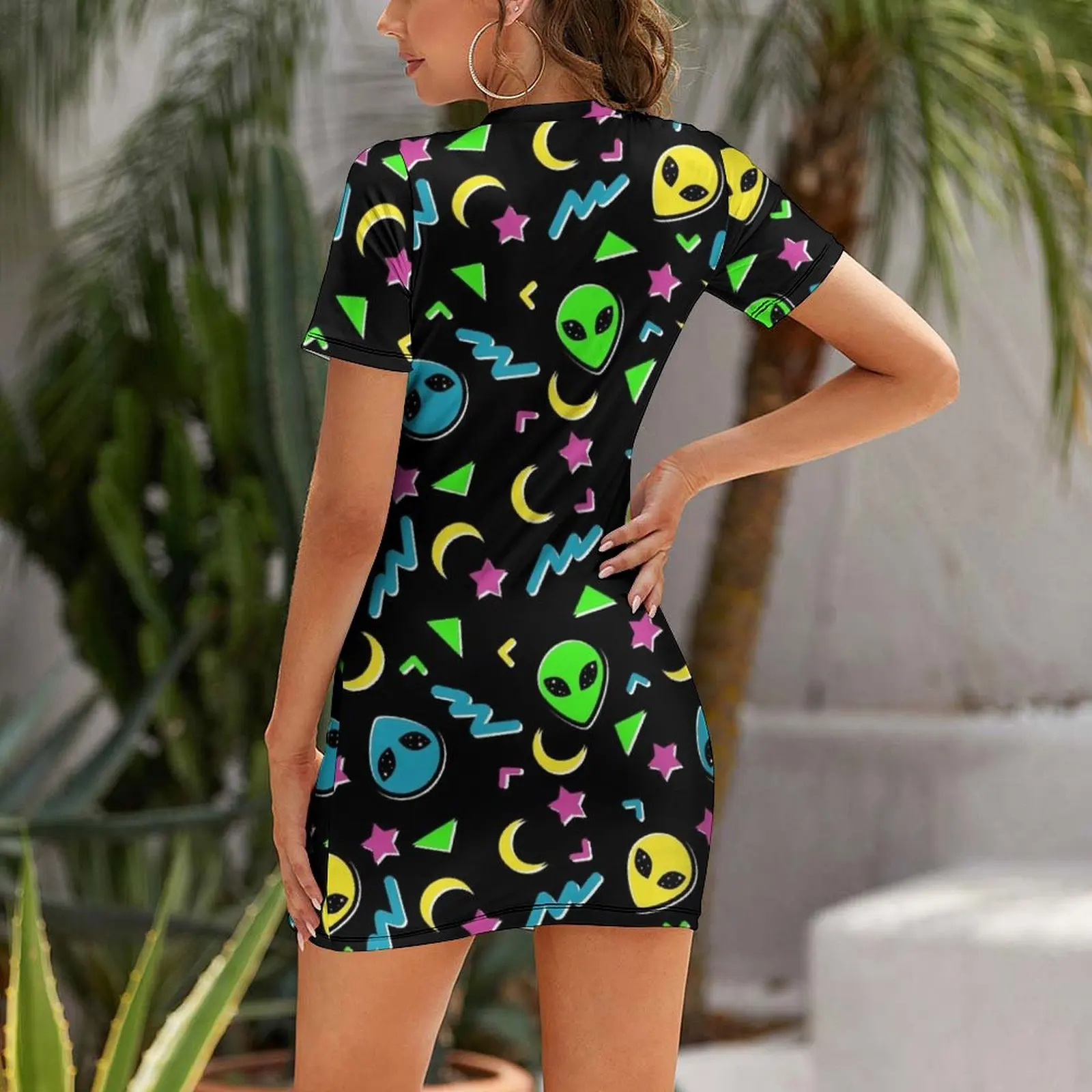 90s Geometric Alien - Black and Neon Short Sleeved Dress Beachwear Women's summer suit beach dress