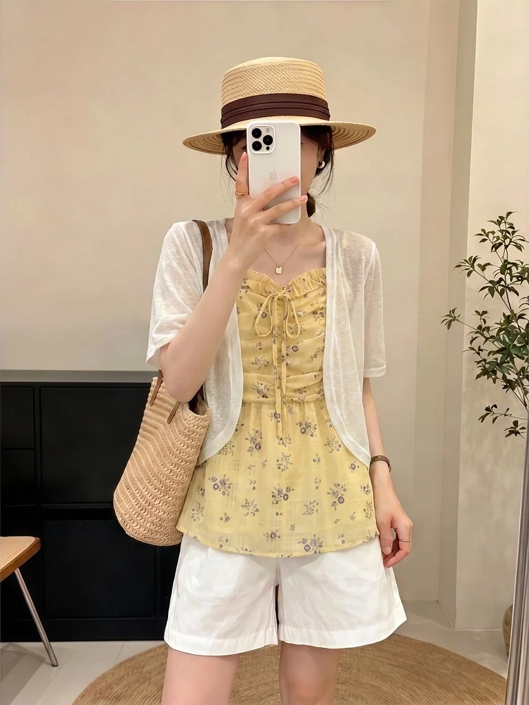

Yellow Floral Print Strap Vest Short Sleeve Women's Outerwear Cardigan Two-Piece Set Summer New plus Size Fat MM Top