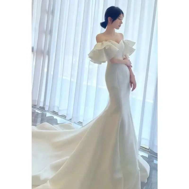 

One-word shoulder light wedding dress French satin fishtail slim-fitting simple temperament women's tube top dress