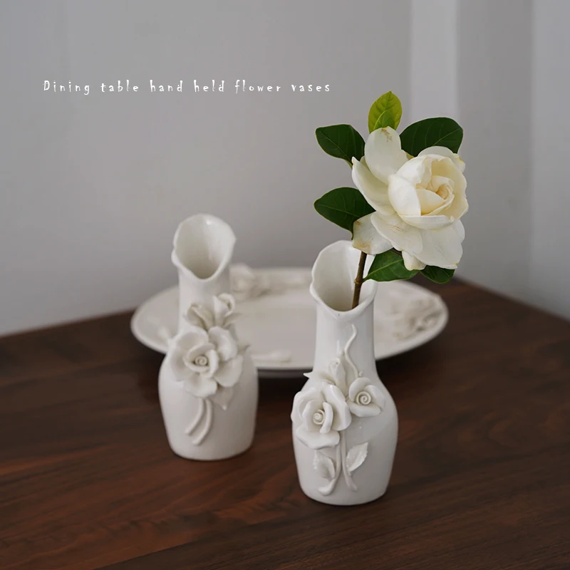 

European style hand held rose and tulip shaped ceramic three-dimensional small vase, dining table flower inserter