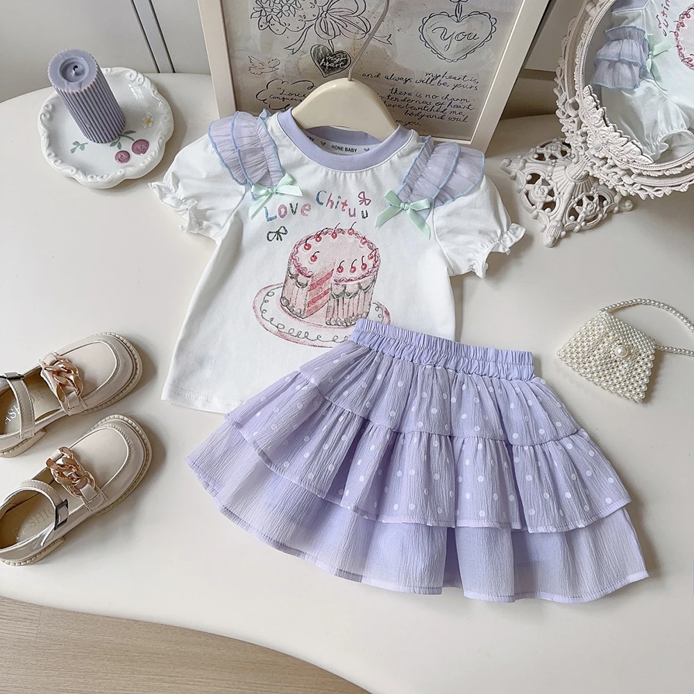 1-8T Cute Girls Clothes Sets Summer Cartoon Print T-shirt+Purple Polka Dot Tiered Skirt 2Pcs Kids Casual Daily Children Outfit