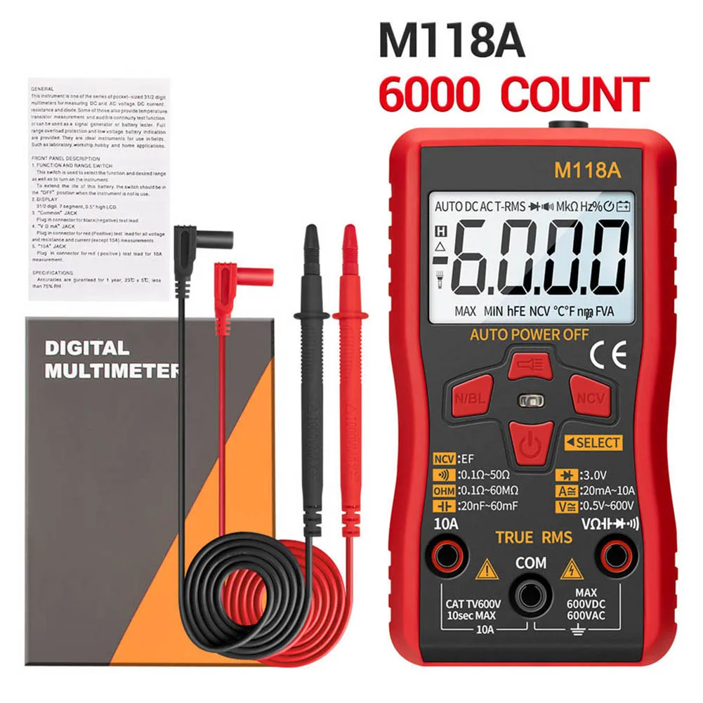 ANENG M118A Digital Multimeter True RMS 6000 Counts Auto-Ranging 600V 10A NCV Flashlight for Auto Repair Electrician DIY