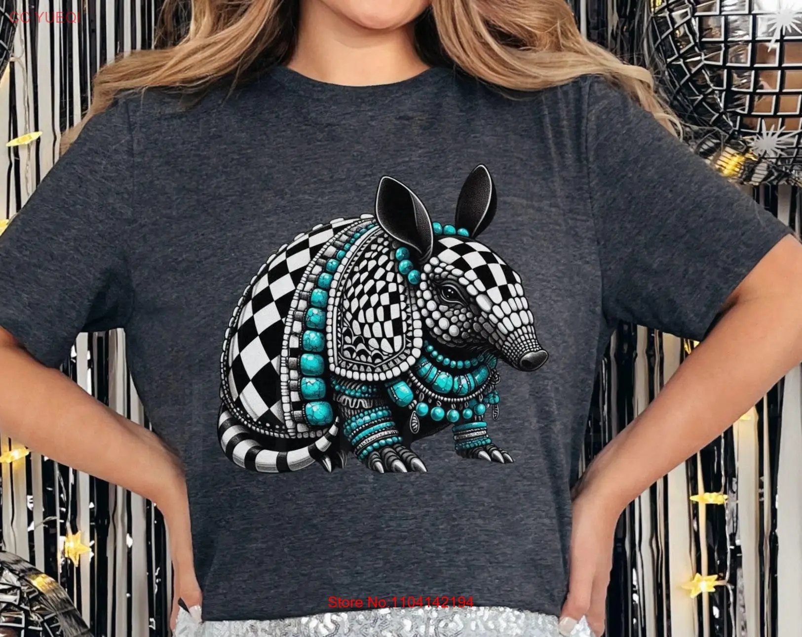 Armadillo T Shirt Boujee Cowgirl Glam Western Checkered Turquoise Animal Lover Black White Texas long or short sleeves