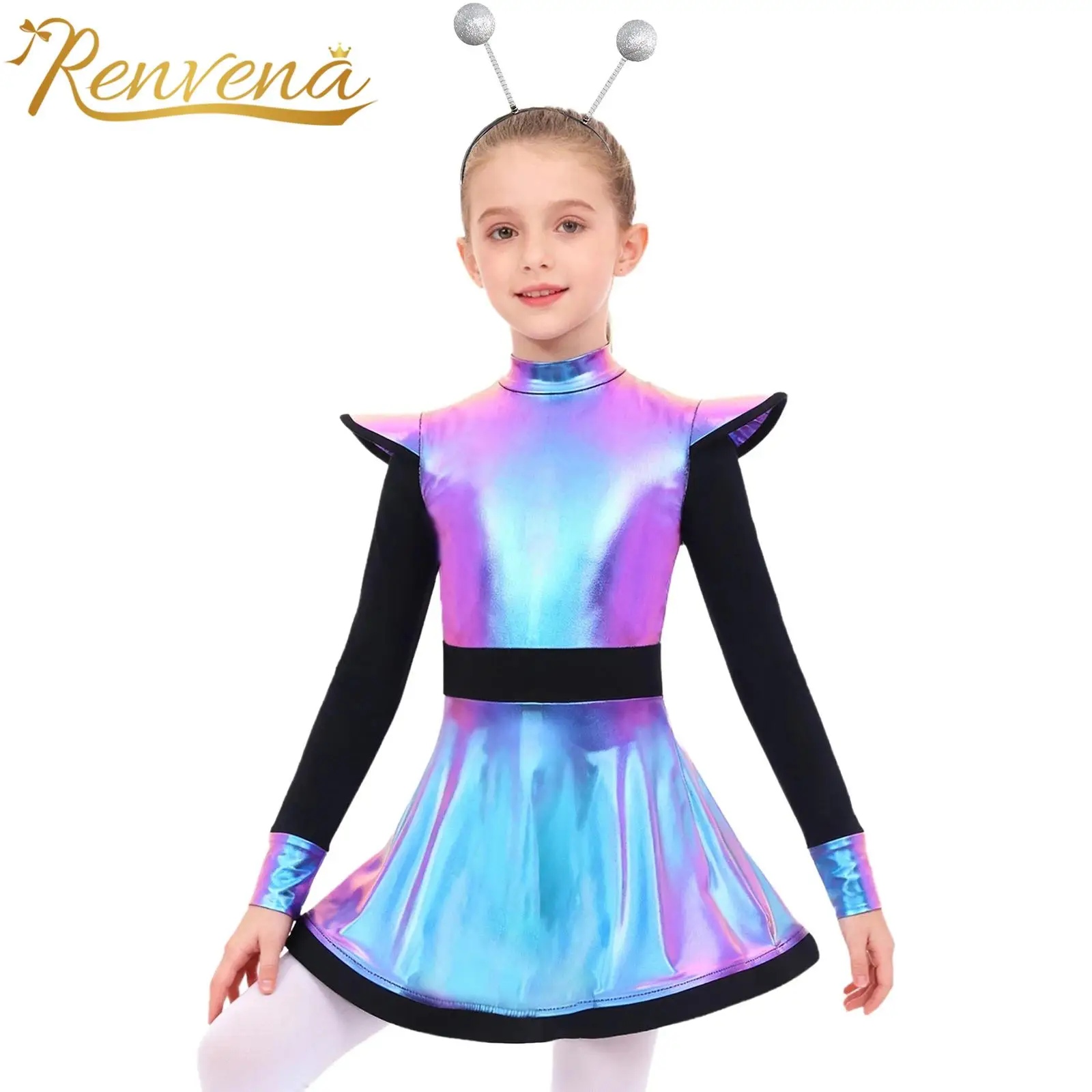 Children Girls Silver Astronaut Alien Costume Children's Metallic Robot Dress + Hair Hoop Dance Performance Kids Fancy Dress Up