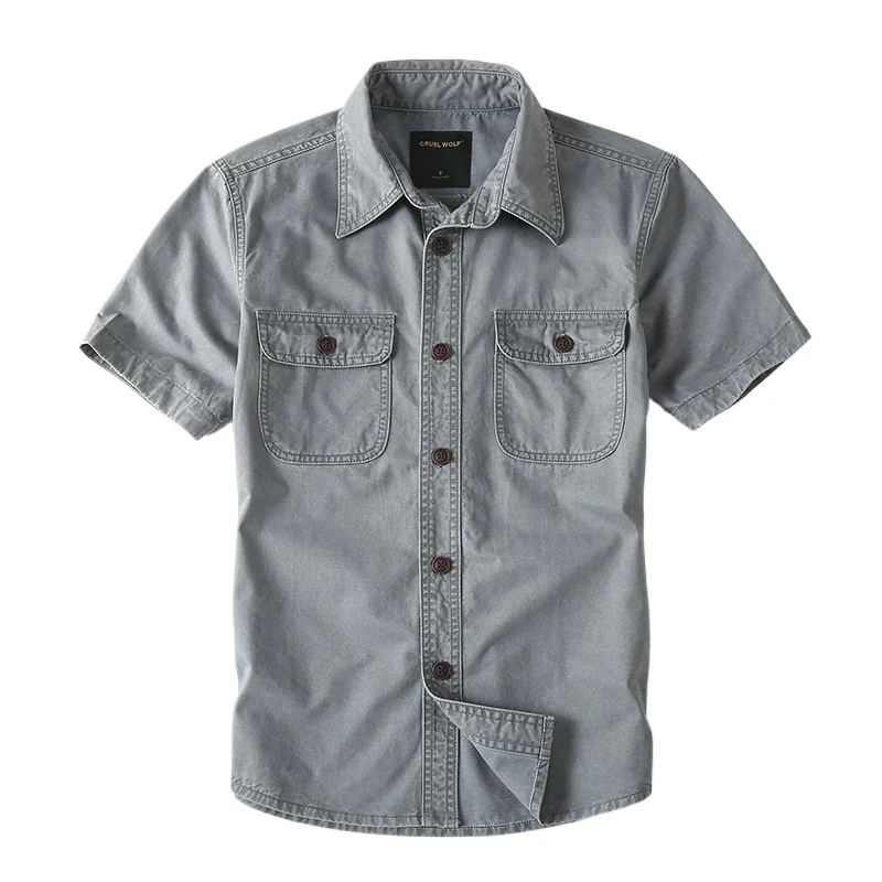 New American Retro Work Shirt, Men's Pure Cotton Short Sleeved Trendy Outdoor Leisure Multi Mouth Shirt, Men's Top